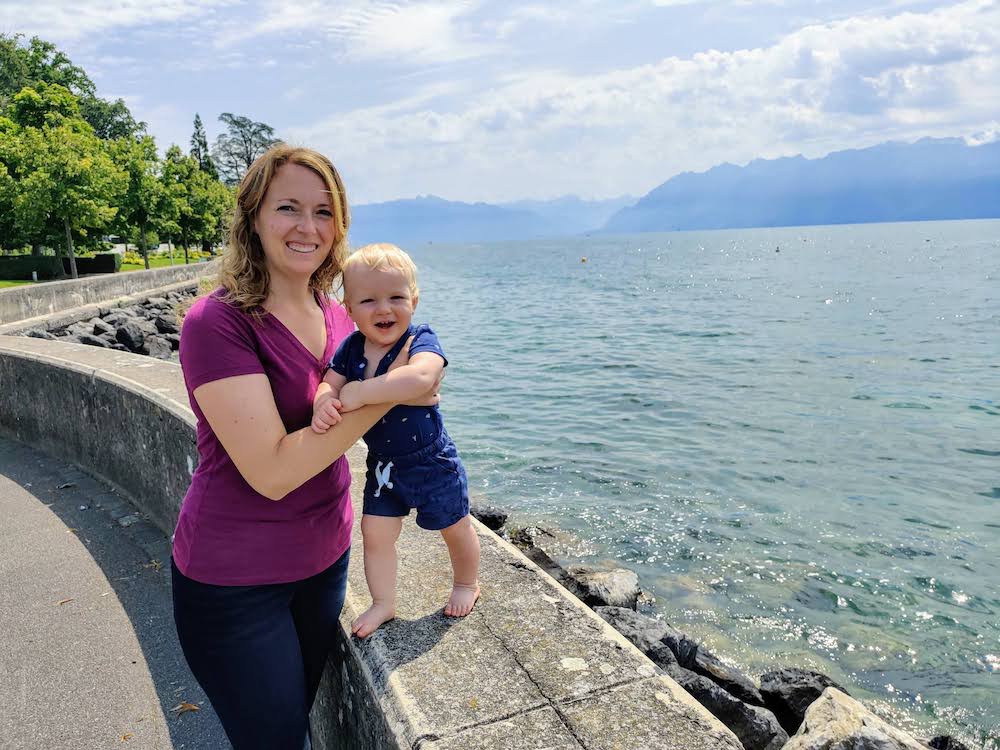 Ellie and Orion on the shore of lake Geneva