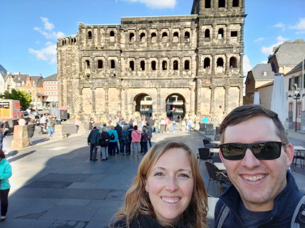 Ellie and Alex in front of the Porta Nigra